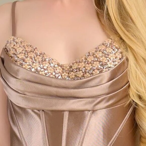 New Soft Satin Beads Embellished Long Ceremonial Dress w/ Lace Up Back GL3701 - Picture 6 of 12